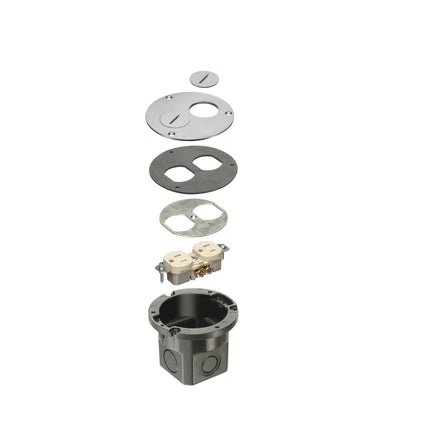 Flush to floor round cut in floor box kit. Nickel cover with threaded plugs.