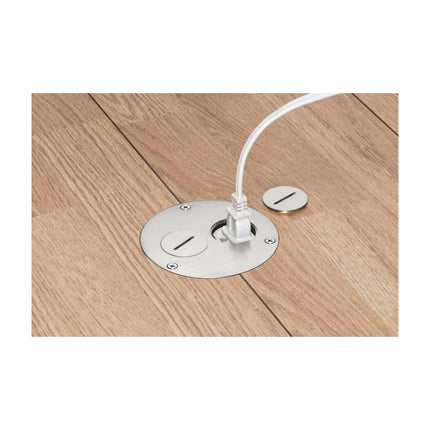 Flush to floor round cut in floor box kit. Nickel cover with threaded plugs.