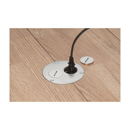 Flush to floor round cut in floor box kit. Nickel cover with threaded plugs.