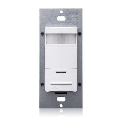 Occupancy Sensor, PIR wall switch. 2700VA, Single Relay, Time Delay 30s-30m. 120/208/220/230/240/277VAC; 50/60Hz. 180 degree field of view and Blinders, CEC Title 20/24 compliant. Made in USA. Color: White