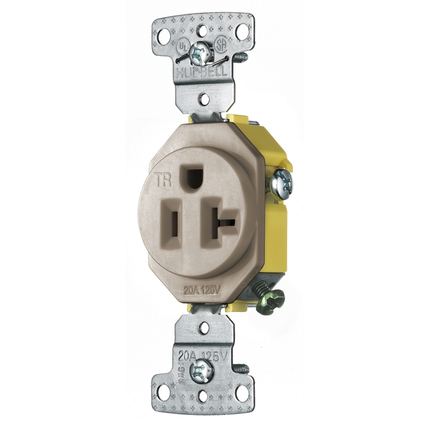 TradeSelect, Straight Blade Devices, Residential Grade, Receptacles, Tamper Resistant Single, 20A 125V, 2- Pole 3-Wire Grounding, 5-20R, Self Grounding, Almond