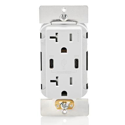 60W (6A) USB Dual Type-C/C Power Delivery Wall Outlet Charger with 20A Tamper-Resistant Outlet