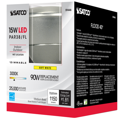 15 Watt PAR38 LED; 3000K; 40 deg. Beam Angle; Medium base; 120 Volt
