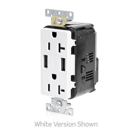 Tamper-Resistant USB Receptacle, Type A/A, 20 Amp 125 Volt, Commercial Grade, White - Lev-Lok