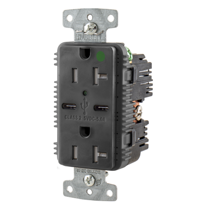 USB Charger Duplex Receptacle, HospitalGrade, 20A 125V, 2-Pole 3-Wire Grounding, 5-20R, 2) 5A "C" Ports, Black