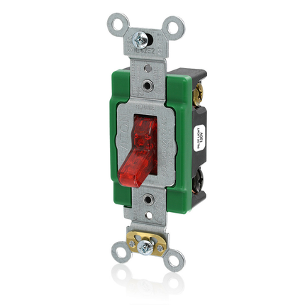 30 Amp, 120 Volt, Toggle Pilot Light - Illuminated ON, Double-Pole AC Quiet Switch, Extra Heavy Duty Spec Grade, Self Grounding, Back & Side Wired, - Red