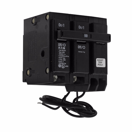 Eaton BR thermal magnetic circuit breaker,Type BR 1-Inch plug-on shunt trip circuit breaker,20 A,10 kAIC,Two-pole,120/240V,BR,Common breaker trip,#14-4 AWG Cu/Al,Q28,BR,Type BR Loadcenters,Shunt trip included