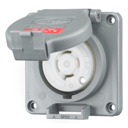 Locking Devices, Twist-Lock®, Watertight Safety Shroud, Receptacle, 20A 3-Phase Delta 480V AC, 3-Pole 4-Wire Grounding, L16-20R, Screw Terminal, Gray