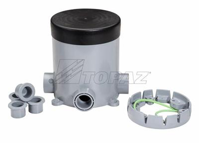 Schedule 40 PVC Floor Base Junction Box (4)-3/4" Hubs, (4)-3/4"-1/2" Reducers, Level Ring & Pour Cover