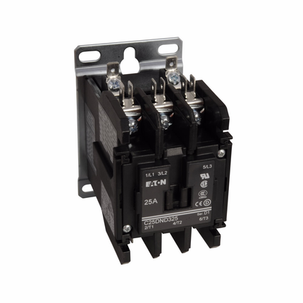 Eaton definite purpose contactor, Quick,40A, 110-120 Vac, 50/60 Hz, Open with metal mounting plate, 15-50A, two- and three-pole, 40A, Contactor, Three-pole, 50A, Screw/pressure plate and quick connect terminals (side-by-side), Non-reversing