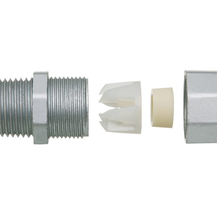 Low-profile zinc die-cast, liquid-tight, and oil-tight strain relief cord connector furnished with a sealing ring and locknut. Supports .200 to .472 cord range with a 1/2 inch trade size.