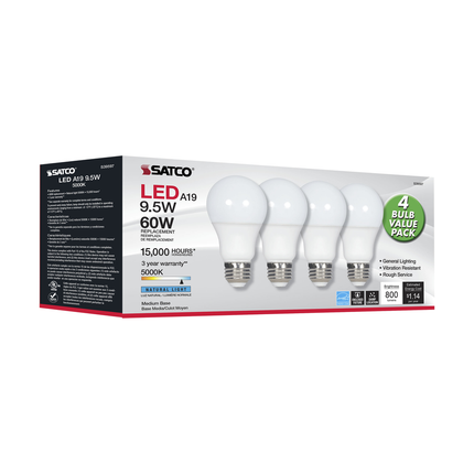 9.5 Watt; A19 LED; Frost; 5000K; Medium base; 220 deg. Beam Angle; 120 Volt; Non-Dimmable; 4-Pack