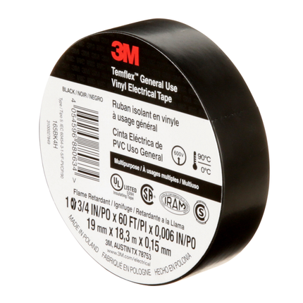3M Temflex Vinyl Electrical Tape 165, Black, 3/4 in x 60 ft x .006 in, 100 Rolls/Case