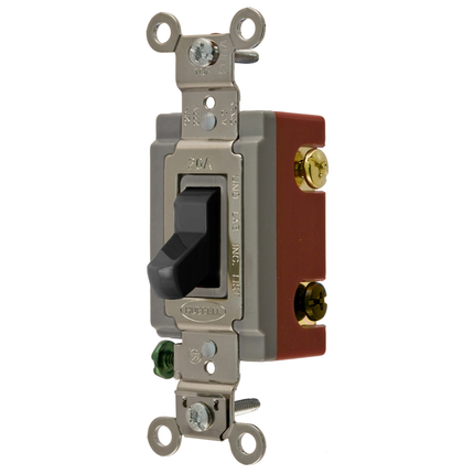 Switches and Lighting Controls, Extra Heavy Duty Industrial Grade, Toggle Switches, General Purpose AC, Three Way, 20A 120/277V AC, Back and Side Wired, Black Toggle