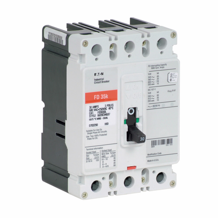 Eaton Series C complete molded case circuit breaker, F-frame, FD, Complete breaker, Fixed thermal, fixed magnetic trip type, Three-pole, 30A, 600 Vac, 250 Vdc, 65 kAIC at 240 Vac, 35 kAIC at 480 Vac, Line and load, 50/60 Hz