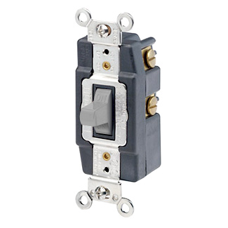 15 Amp, 120/277 Volt, Toggle Double-Throw Ctr-OFF Momentary Contact Single-Pole AC Quiet Switch, Extra Heavy Duty Spec Grade, Grounding, Back & Side Wired, - Gray