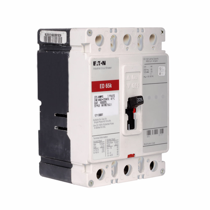 Eaton Series C complete molded case circuit breaker, F-frame, ED, Complete breaker, Fixed thermal, fixed magnetic trip type, Three-pole, 225A, 240 Vac, 125 Vdc, 65 kAIC at 240 Vac, Line and load, 50/60 Hz