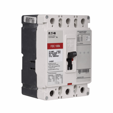 Eaton Series C complete molded case circuit breaker, F-frame, FDC, Complete breaker, Fixed thermal, fixed magnetic trip type, Three-pole, 40A, 600 Vac, 250 Vdc, 200 kAIC at 240 Vac, 100 kAIC at 480 Vac, Load side, 50/60 Hz