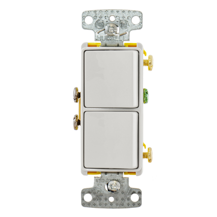 Switches and Lighting Controls, Combination Devices, Residential Grade, Decorator Series, 2) Single Pole Rockers, 15A 120V AC, Side Wired, White