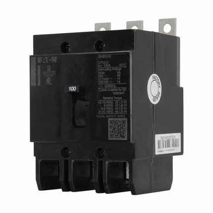 Eaton Series C complete molded case circuit breaker, G-frame, GHB, Complete breaker, Fixed thermal, Fixed magnetic trip type, Three-pole, 90 A, 480Y/277 Vac, 125/250 Vdc, 50/60 Hz