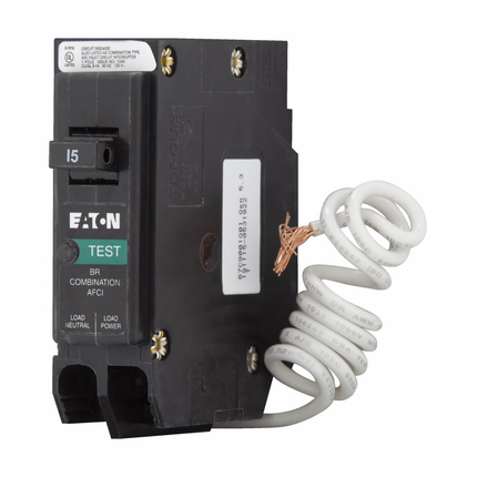 Eaton BR AFCI circuit breaker, AFCI Circuit breaker, UL only, 15 A, 10 kAIC, Single-pole, 120 V, BR, Plug-on, #14-8 AWG Cu/Al, Type BR Loadcenters