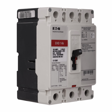 Eaton Series C complete molded case circuit breaker, F-frame, EHD, Complete breaker, Fixed thermal, Fixed magnetic trip type, Three-pole, 90 A, Load side, 50/60 Hz