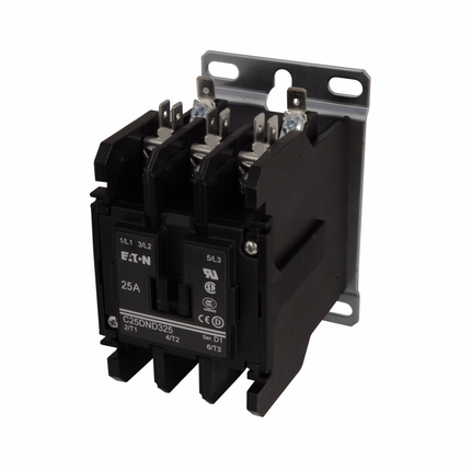 Eaton definite purpose contactor, Quick,40A, 110-120 Vac, 50/60 Hz, Open with metal mounting plate, 15-50A, two- and three-pole, 40A, Contactor, Three-pole, 50A, Screw/pressure plate and quick connect terminals (side-by-side), Non-reversing