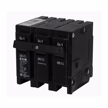 Eaton BR thermal magnetic circuit breaker,Type BR 1-Inch plug-on circuit breaker,15 A,22 kAIC,Three-pole,240V,BRH,#14-4 AWG Cu/Al,BRH,Type BR Loadcenters