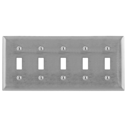 Wallplates and Boxes, Metallic Plates, 5- Gang, 5) Toggle Openings, Standard Size, Stainless Steel