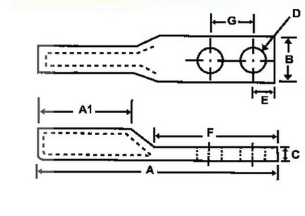 Copper Long Barrel 2 Hole Compression Lugs #1 Awg 1/4 Stud 3/4" Spacing