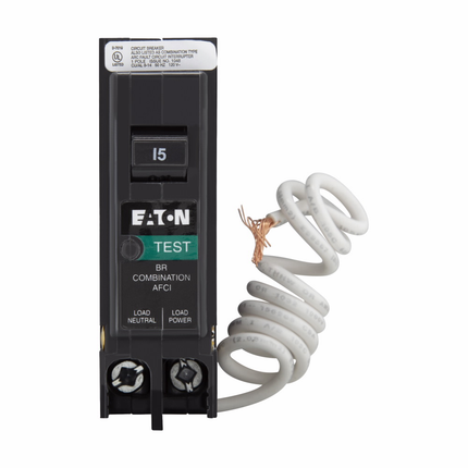 Eaton BR AFCI circuit breaker, AFCI Circuit breaker, UL only, 15 A, 10 kAIC, Single-pole, 120 V, BR, Plug-on, #14-8 AWG Cu/Al, Type BR Loadcenters