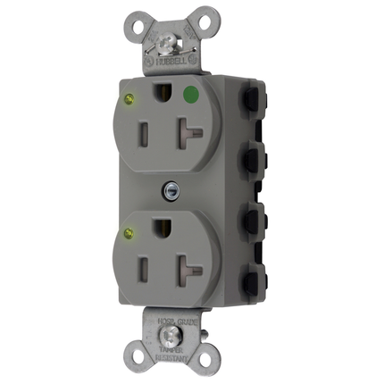 Straight Blade Devices, Receptacles, Duplex, SNAPConnect, Hospital Grade, Tamper Resistant, LED Indicator, 20A 125V, 2-Pole 3-Wire Grounding, 5-20R, Nylon, Gray, USA
