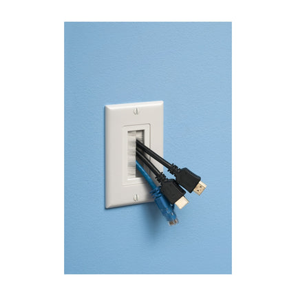Cable entry device with brush style cover. White Non-metallic. Includes two #6 screws.
