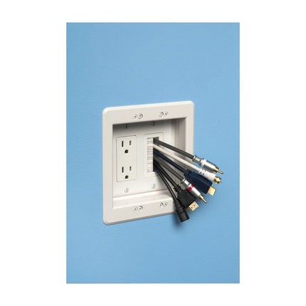 Cable entry device with brush style cover. White Non-metallic. Includes two #6 screws.
