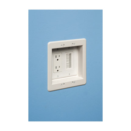 Cable entry device with brush style cover. White Non-metallic. Includes two #6 screws.