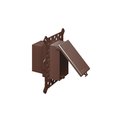 Low Profile Inbox for new construction for stucco, textured and rigid siding. Vertical with weatherproof while in use. Extra Duty brown cover.