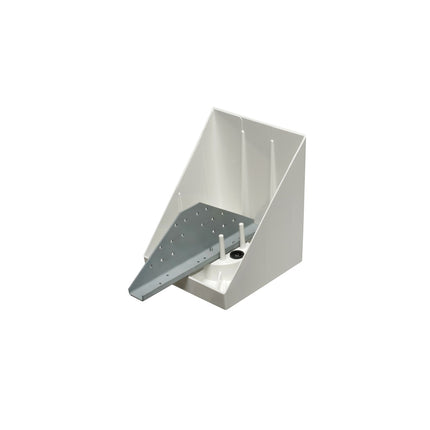 Fan and fixture mounting box for new construction with installed 16" steel bracket. Fits sloped ceilings up to 45 degrees. 70lb fan, 200lb fixture. Paintable textured finish. 14.5 cu. 8" square mounting surface handles fans with larger canopies.