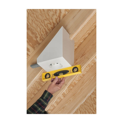 Fan and fixture mounting box for new construction with installed 16" steel bracket. Fits sloped ceilings up to 45 degrees. 70lb fan, 200lb fixture. Paintable textured finish. 14.5 cu. 8" square mounting surface handles fans with larger canopies.