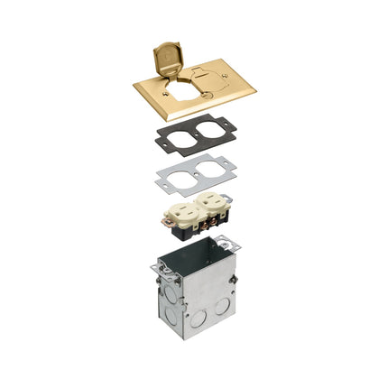 Floor box kit with steel box and metallic cover with flip lids. Single Gang. Brass.