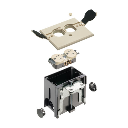 Non Metallic adjustable floor box. Light Almond with flip lids. Includes tamper resistant duplex receptacle, cover plate with gasket and Arlington NM94 connector and Arlington NM900 knockout plug.