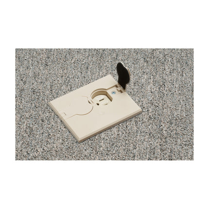 Non Metallic adjustable floor box. Light Almond with flip lids. Includes tamper resistant duplex receptacle, cover plate with gasket and Arlington NM94 connector and Arlington NM900 knockout plug.