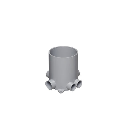 Non Metallic 4-1/2" round box with plugs, low voltage devider, mud cover for new concrete pours. Comes with (6) conduit hubs.
