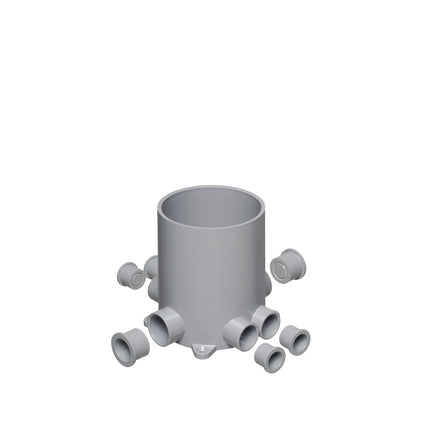 Non Metallic 4-1/2" round box with plugs, low voltage devider, mud cover for new concrete pours. Comes with (6) conduit hubs.