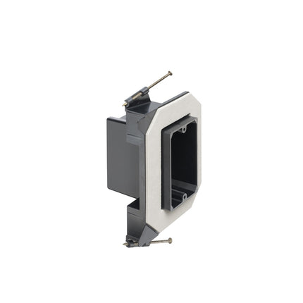 Versatile non conductive outlet box for new construction, single gang screw on. 22 cu inches. Ultra thin alignment tabs allows for no drywall buldge. 2 Hour Fire Rating.