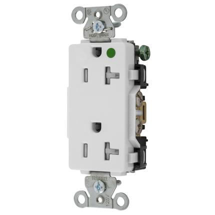Straight Blade Devices, Tamper Resistant Decorator Duplex Receptacle, Hospital Grade, Hubbell-Pro, 20A 125V, 2- Pole 3-Wire Grounding, 5-20R, White