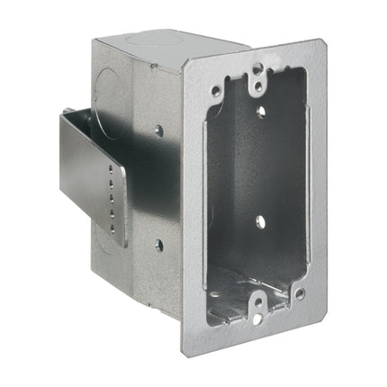 Steel single gang box for concrete block walls. 1/2" and 3/4" knockouts. Spring steel clip holds box securely against walls when screws are tightened. 22.0 cu. in.