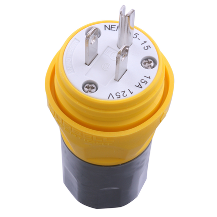 Straight Blade Devices, Thermoplastic  Elastomer Water Tight, Industrial/Commercial Grade, Straight, 2-Pole 3-Wire Grounding, 15A 125V, 5-15P, Yellow, Single Pack.