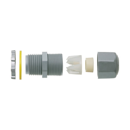Low-profile non-metallic, liquid-tight, oil-tight, and white strain relief cord connector furnished with a sealing ring and locknut. Supports .200 to .472 cord range with a 1/2 inch trade size.