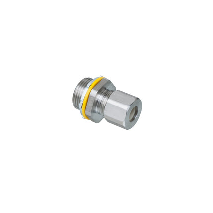 Low-profile stainless steel, liquid-tight, oil-tight, and gray strain relief cord connector furnished with a sealing ring and locknut. Supports 0.240" to 0.485" cord range with a 3/4" trade size.