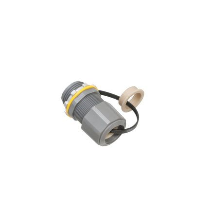 Low-profile non-metallic, liquid-tight, oil-tight, and gray strain relief cord connector furnished with a sealing ring and locknut. Supports .385 to .750 cord range with a 3/4 inch trade size.